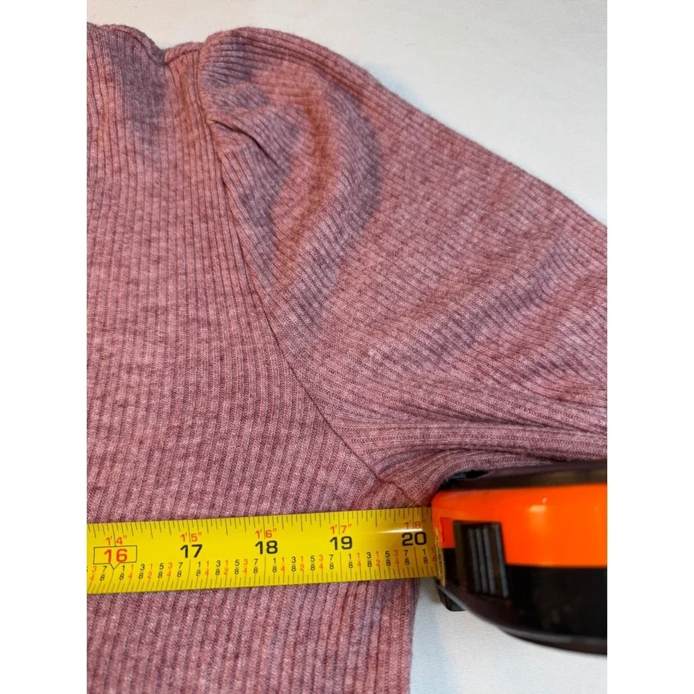 LOFT Women‎ Pink Ribbed Henley V-Neck Puff Sleeve Top Size L Mauve Long Sleeve